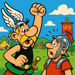 SPQR app icon — Gaulish warrior and Roman legionary in comic style