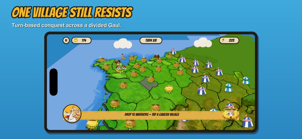 SPQR iOS screenshot: turn-based conquest map of ancient Gaul with one village resisting Rome